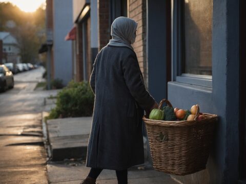 Middle-aged woman in modest clothing leaves groceries anonymously at an apartment door at sunrise.