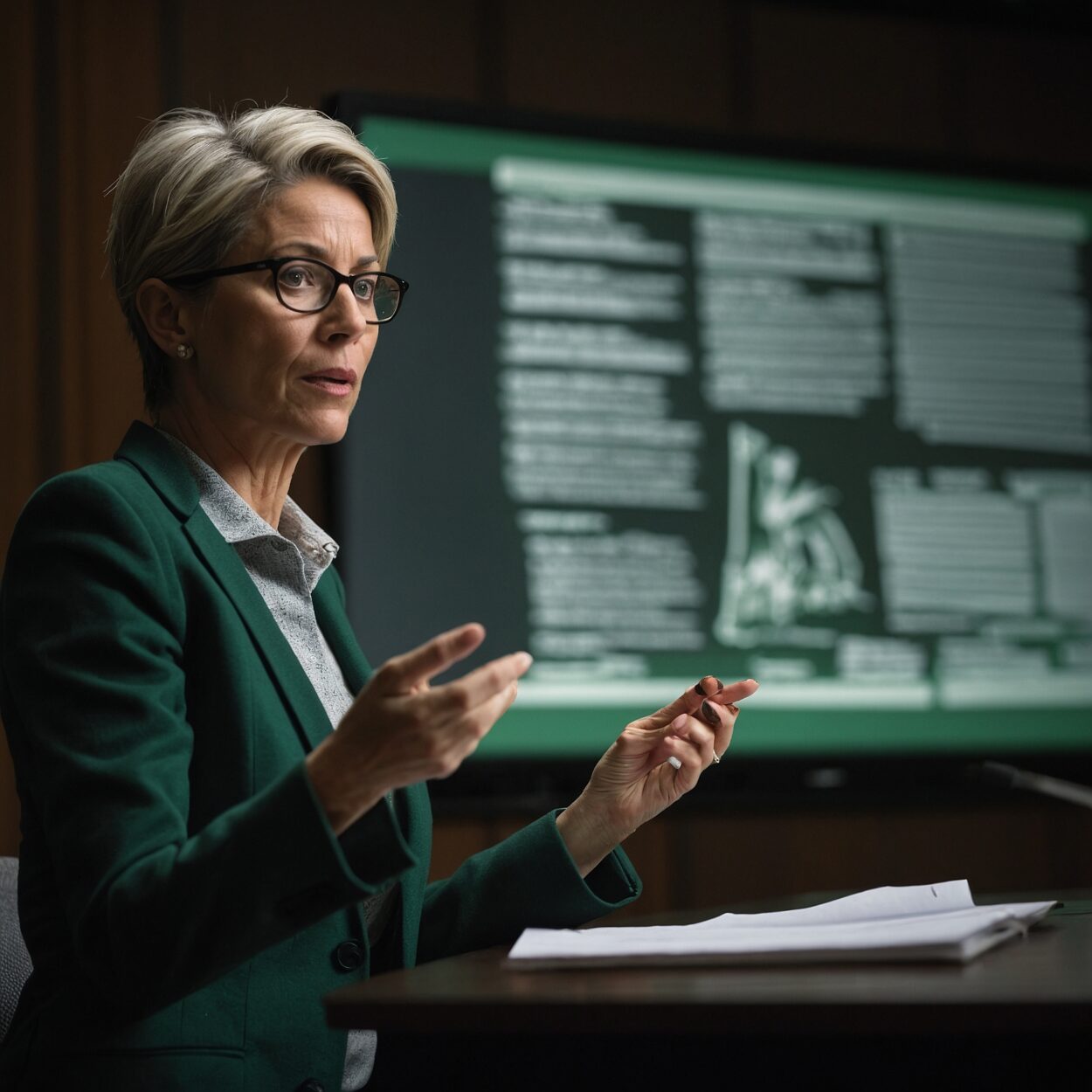 A woman with green glasses presents legal text on a digital screen to colleagues.