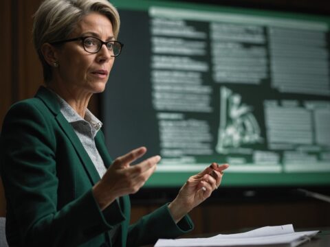 A woman with green glasses presents legal text on a digital screen to colleagues.