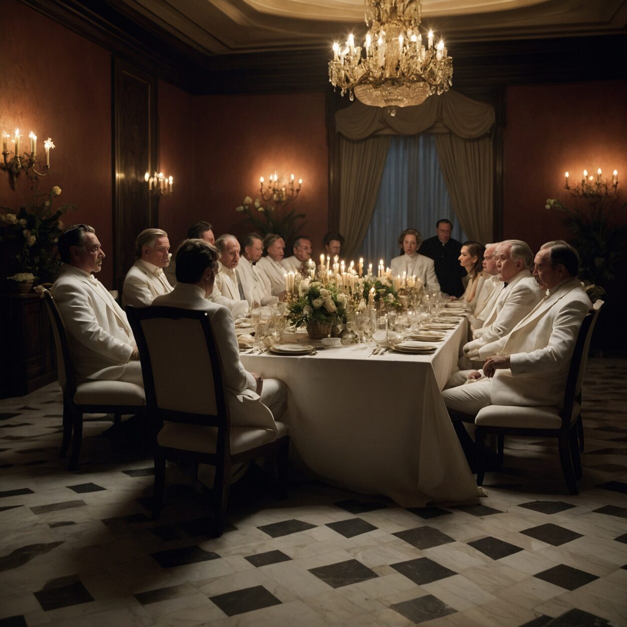 Elegant men and women in white attire seated around a candlelit, linen-draped table.