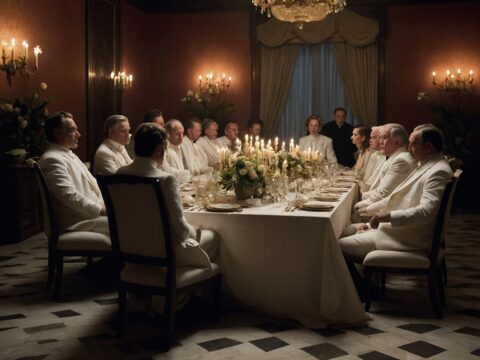 Elegant men and women in white attire seated around a candlelit, linen-draped table.