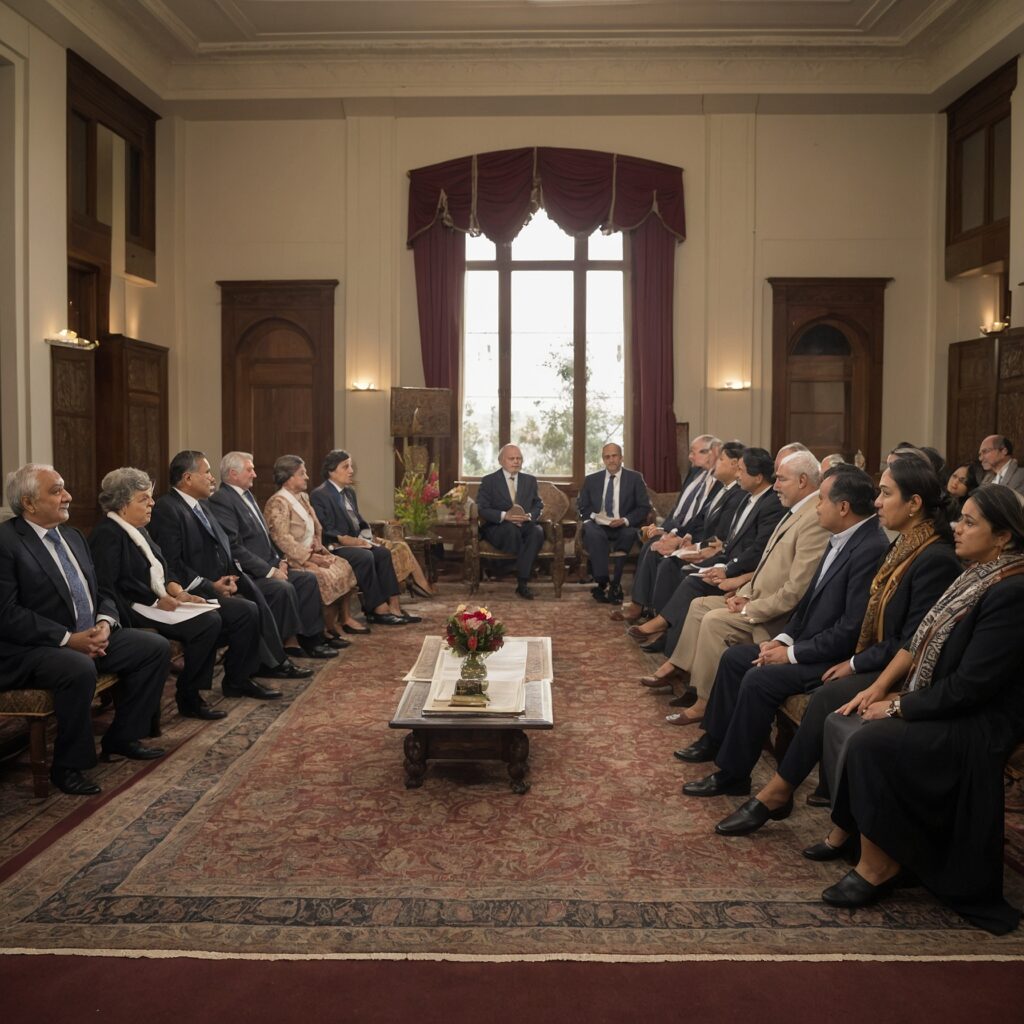 Diverse councilors seated around a large table in a sunlit chamber, discussing documents.