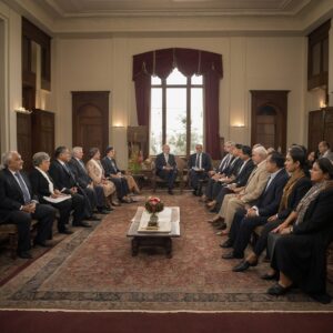 Diverse councilors seated around a large table in a sunlit chamber, discussing documents.