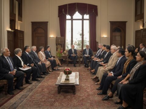 Diverse councilors seated around a large table in a sunlit chamber, discussing documents.