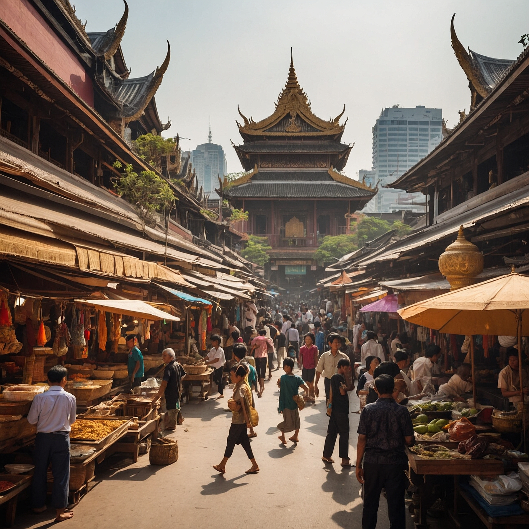 Bustling street market in Siam with people in mixed traditional and modern clothing, temples, and office buildings.