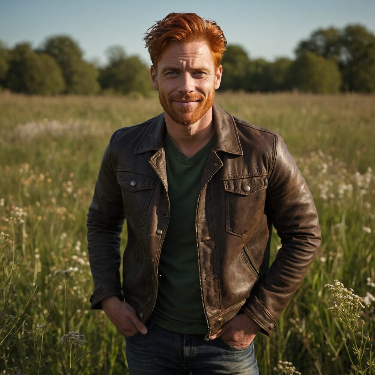 Charismatic man with wild red hair in a leather jacket standing in a city park.