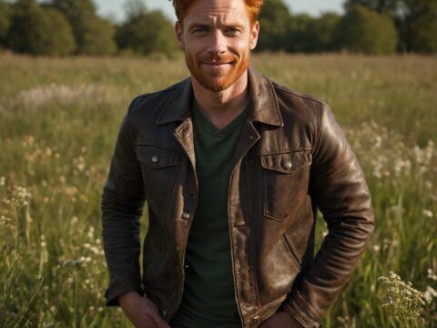 Charismatic man with wild red hair in a leather jacket standing in a city park.