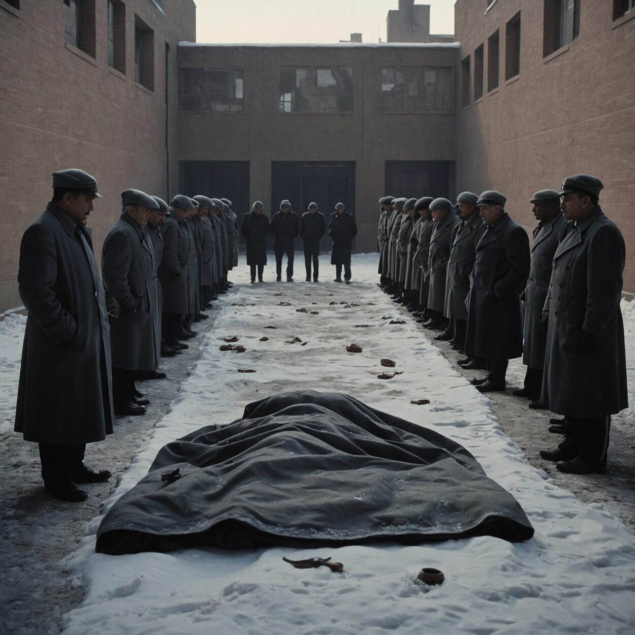 Somber officials stand near covered bodies in a snow-dusted, walled government courtyard.