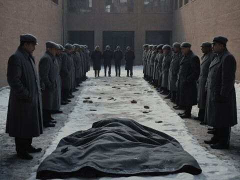 Somber officials stand near covered bodies in a snow-dusted, walled government courtyard.