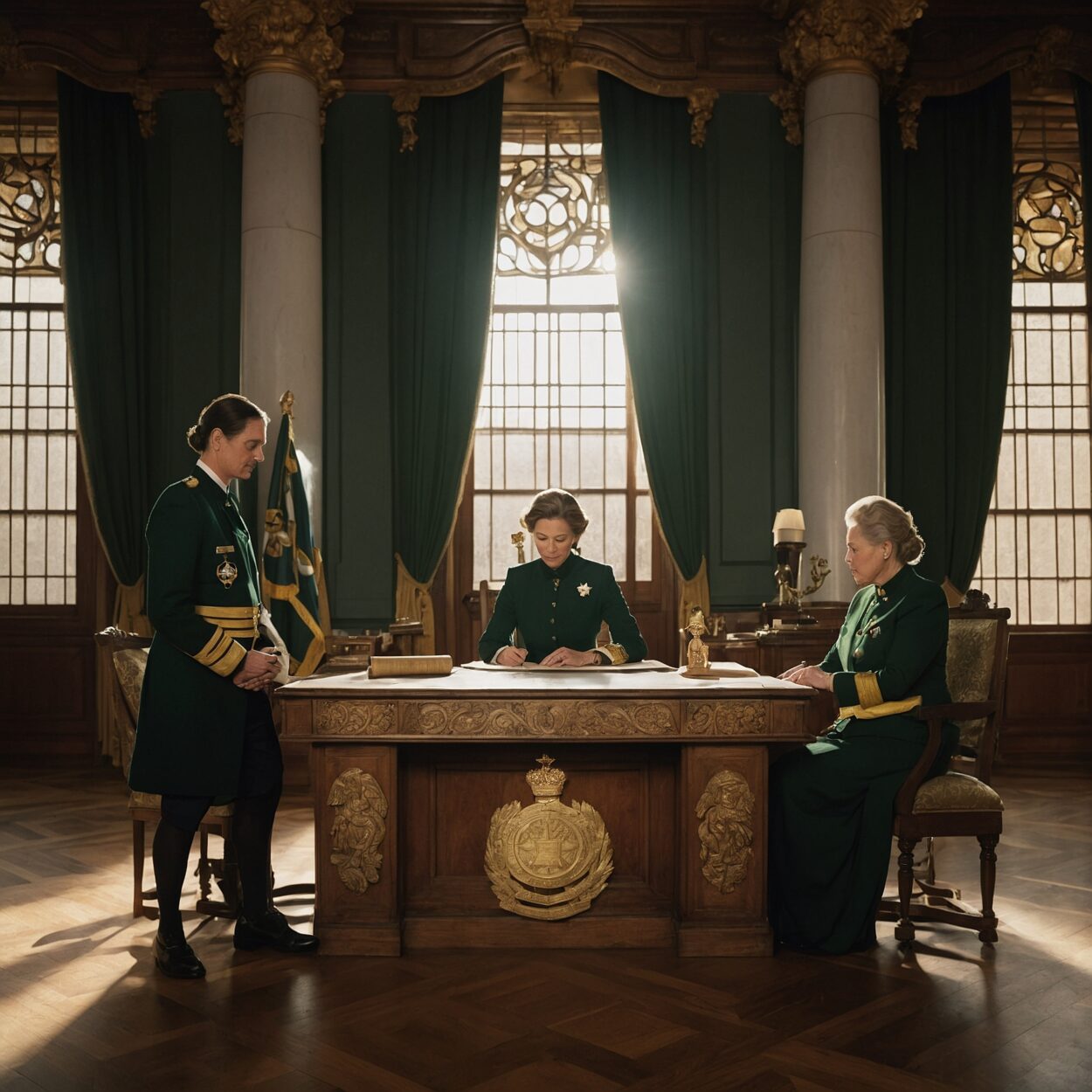 Regal woman signs a parchment at a grand desk with two advisors observing.