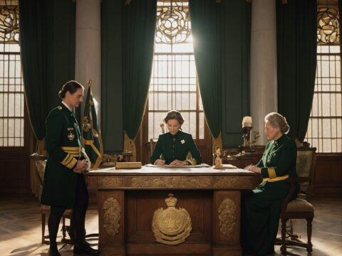 Décret Regal woman signs a parchment at a grand desk with two advisors observing.