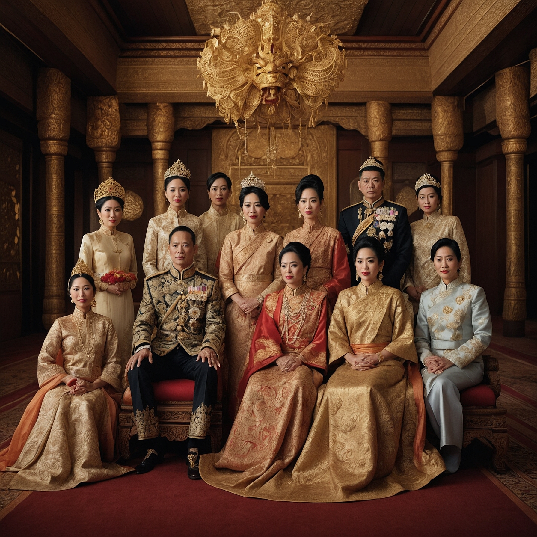 Siamese queen with four spouses of different ethnicities in a gilded wooden hall.