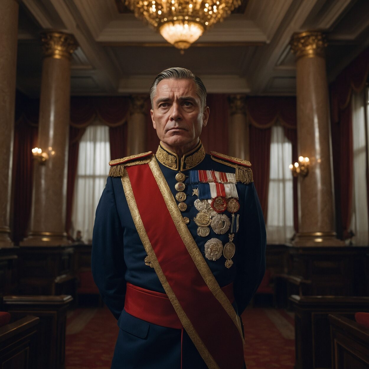 Middle-aged man in ornate military uniform holds decree in grand hall with guards behind him.