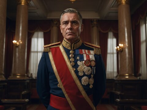 Middle-aged man in ornate military uniform holds decree in grand hall with guards behind him.