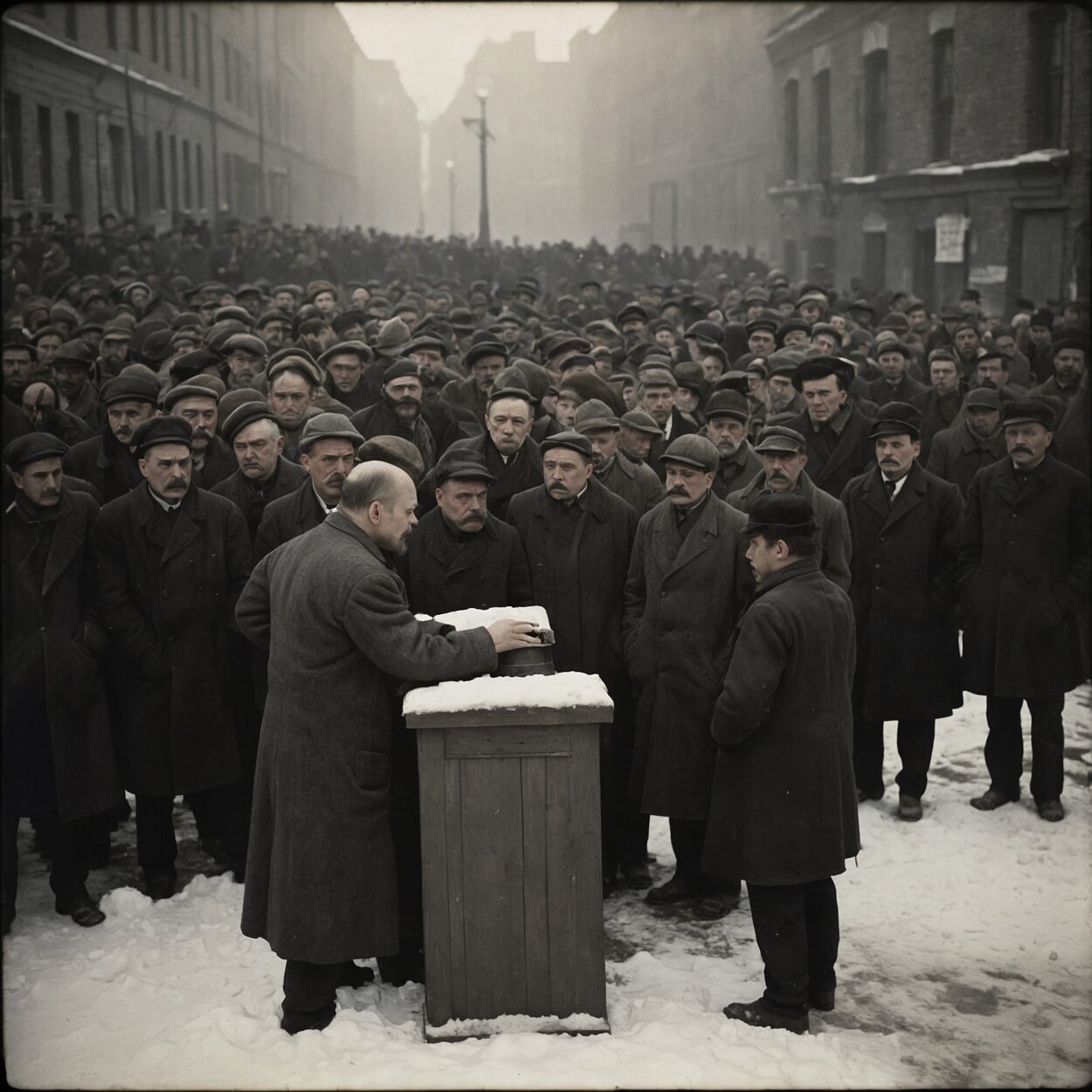 Lenin speaks to factory workers in a snowy city square watched by royal soldiers.
