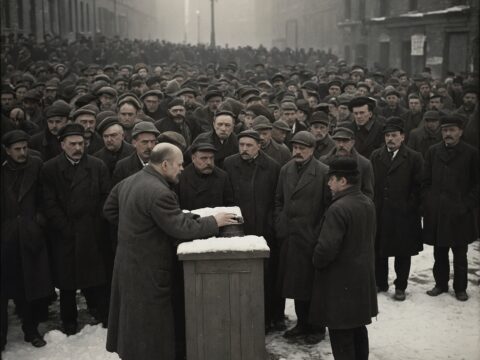 Lenin speaks to factory workers in a snowy city square watched by royal soldiers.