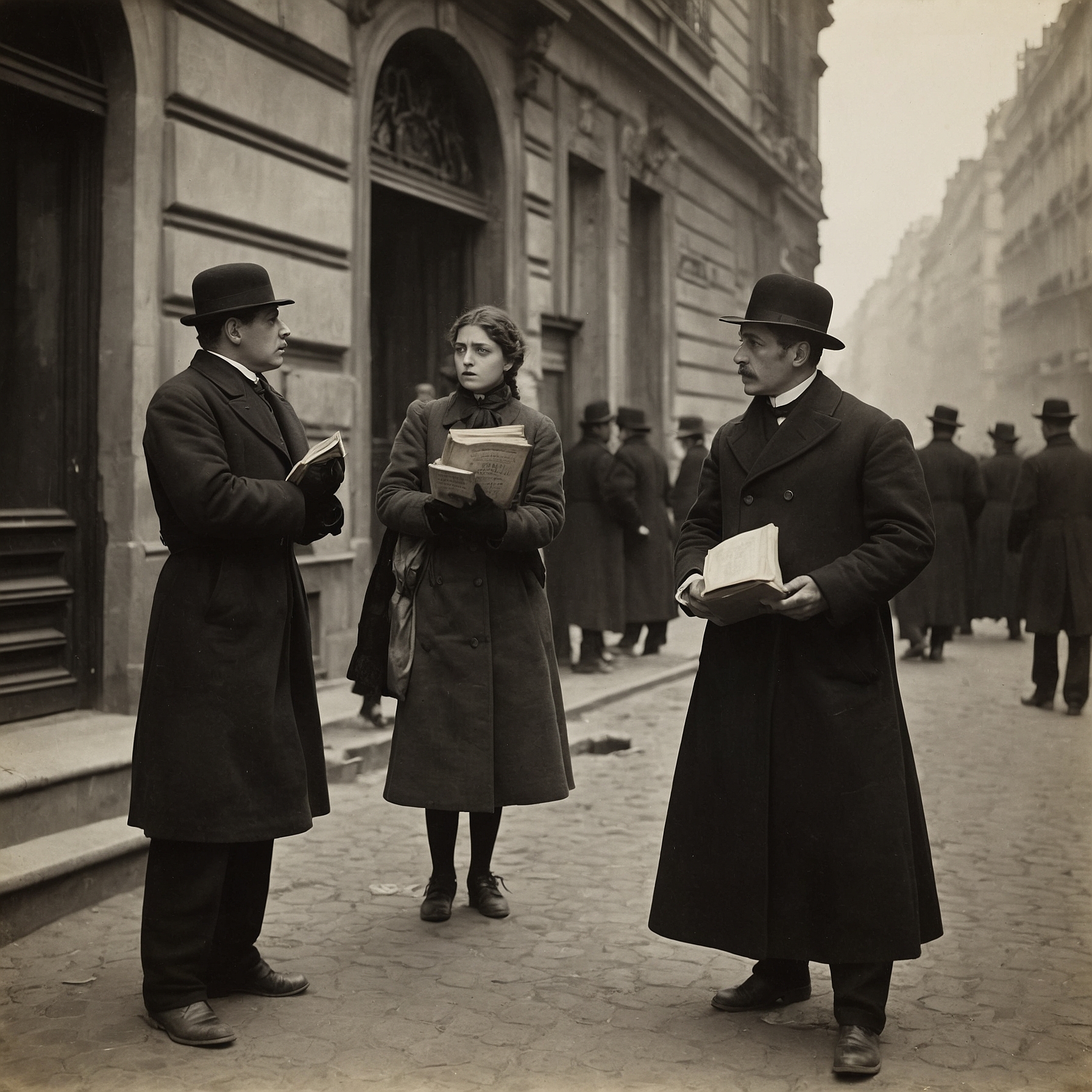 Two officials confront a frightened woman with a German book in historic Paris street.
