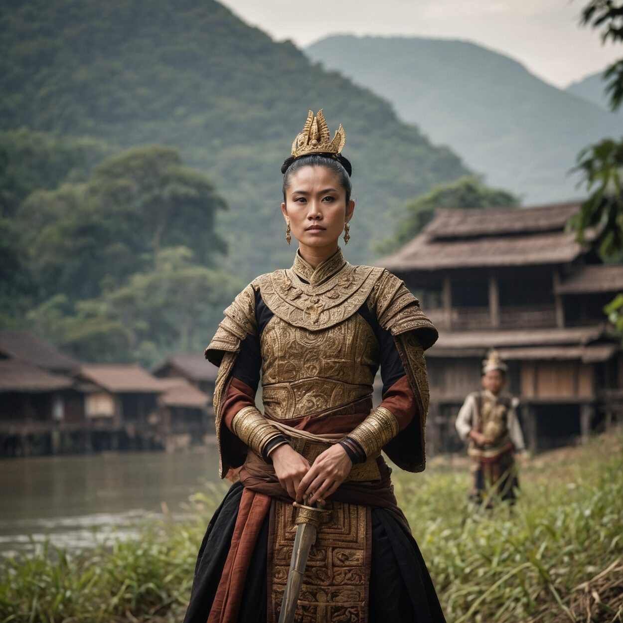 Kingdom of Siam Woman in ornate armor with sword leads diverse tribes against a scenic river valley background.