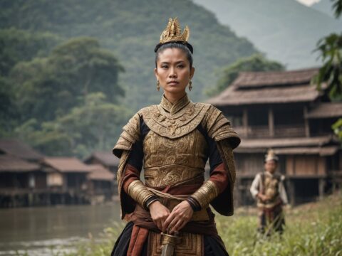 Woman in ornate armor with sword leads diverse tribes against a scenic river valley background.