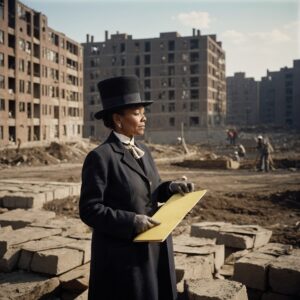Workers build stone public housing as a woman official oversees the 1890s construction site.