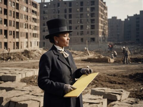 Workers build stone public housing as a woman official oversees the 1890s construction site.