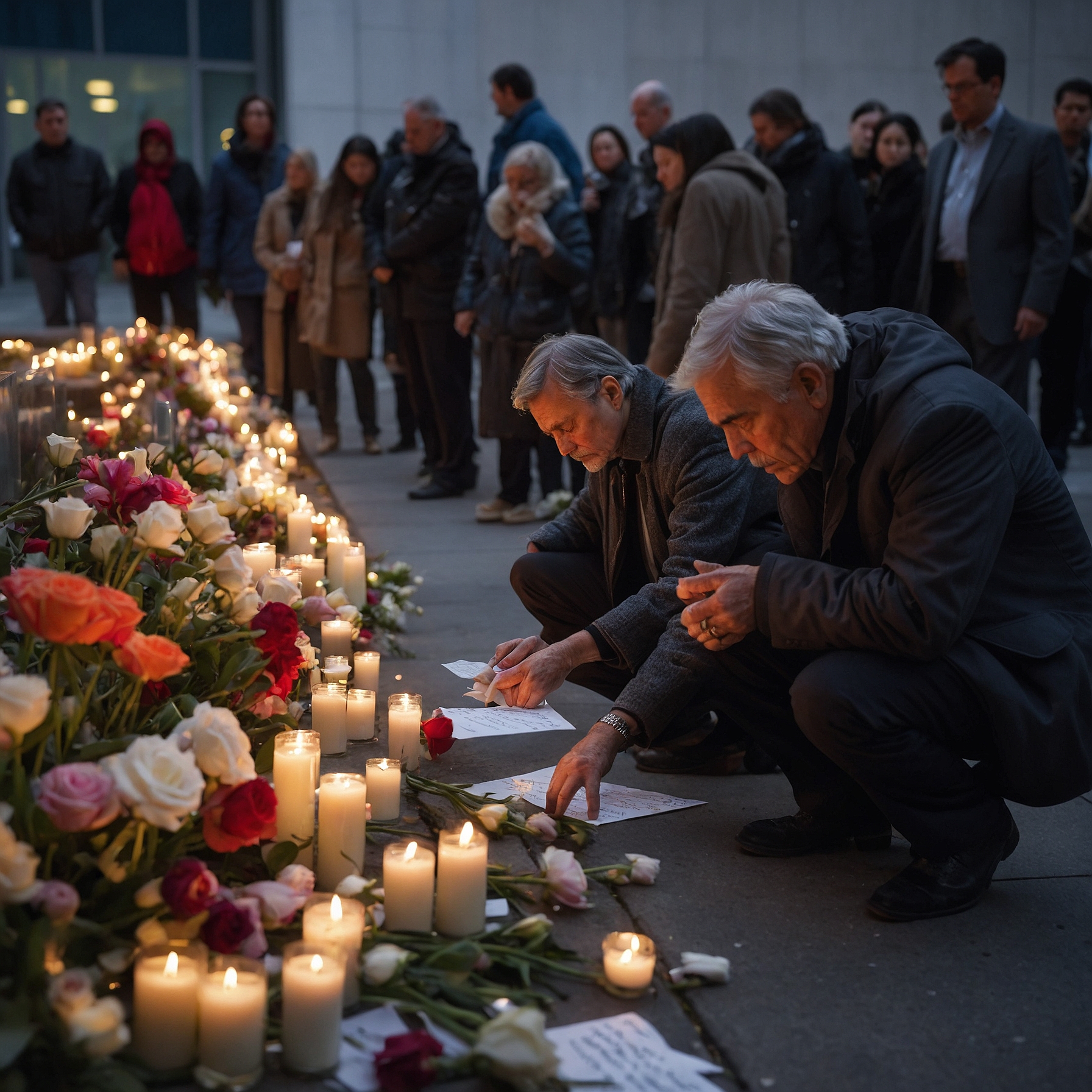 People leaving candles and flowers at a memorial outside a modern office building.
