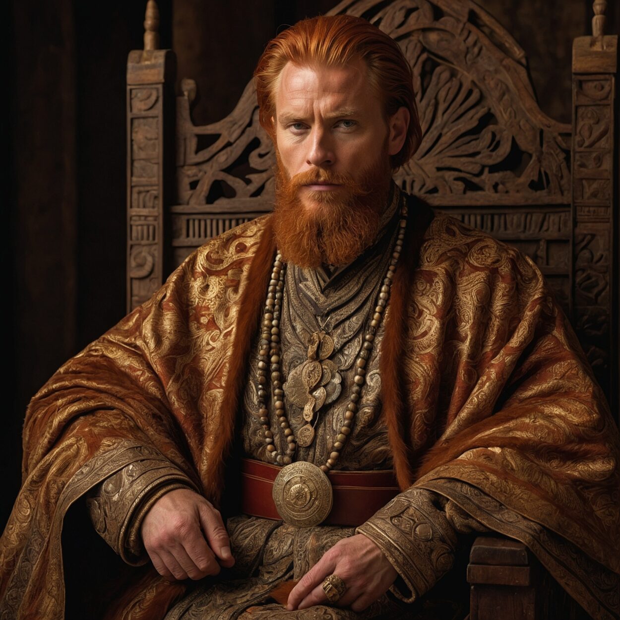 A regal, red-haired man in ornate fur-lined robes stands before a carved wooden throne.