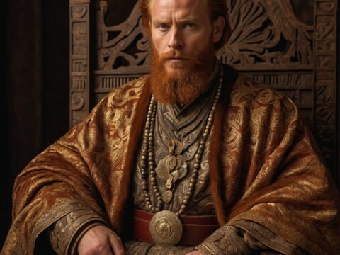 A regal, red-haired man in ornate fur-lined robes stands before a carved wooden throne.