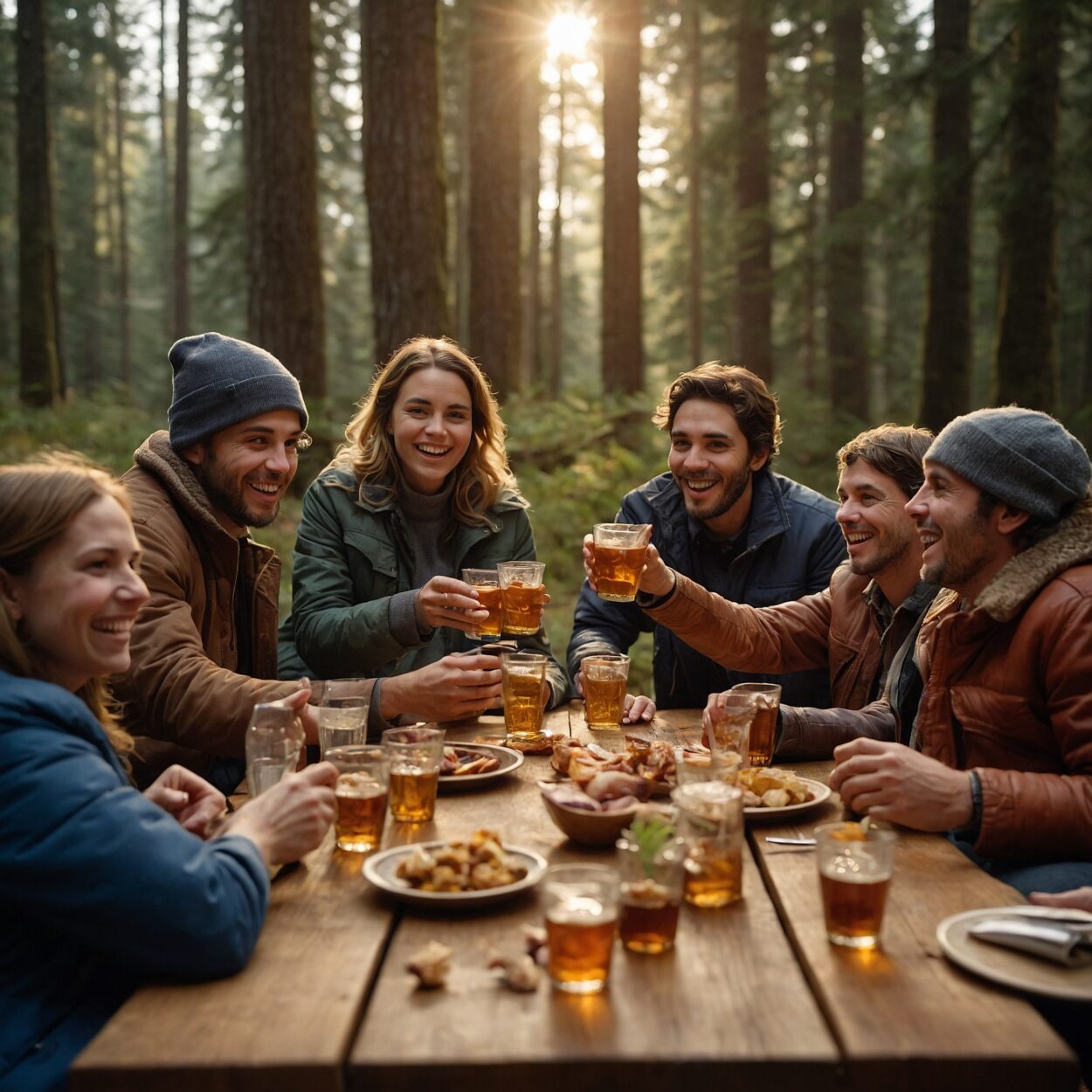 Group of people in outdoor jackets gathered around a table with Ornery Turkey bourbon.