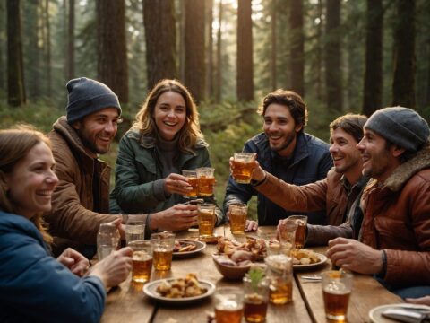 Ornery Turkey Group of people in outdoor jackets gathered around a table with Ornery Turkey bourbon.