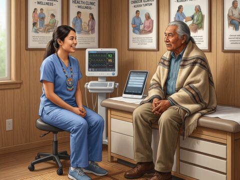 Doctin A doctin in scrubs and beaded badge speaks with an elderly patient in a Chinook clinic.