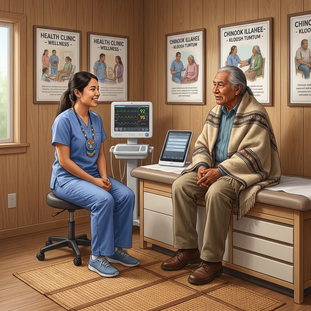 A doctin in scrubs and beaded badge speaks with an elderly patient in a Chinook clinic.