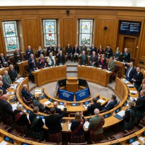Representatives in regional attire discuss at long desks inside a wood-paneled Celtic Parliament chamber.