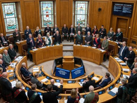 Grand Britain Representatives in regional attire discuss at long desks inside a wood-paneled Celtic Parliament chamber.