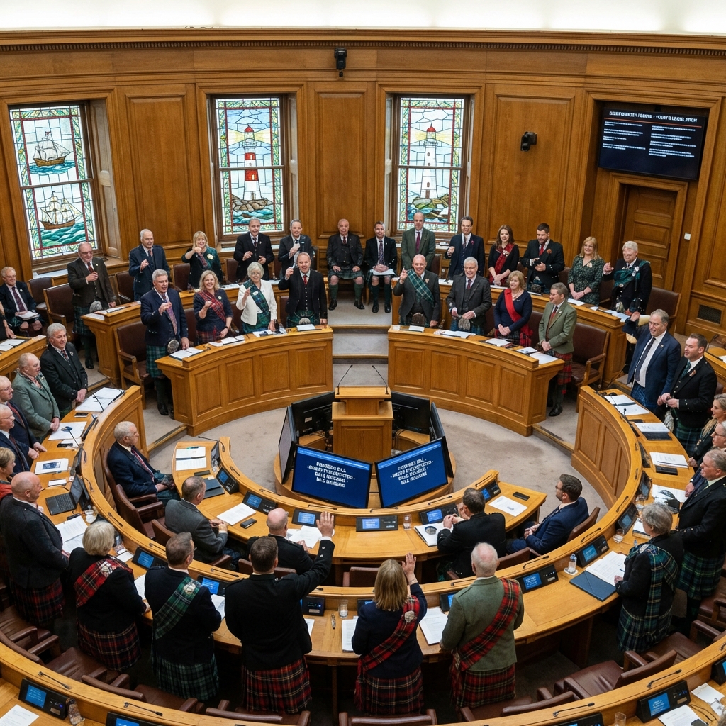 Grand Britain Representatives in regional attire discuss at long desks inside a wood-paneled Celtic Parliament chamber.