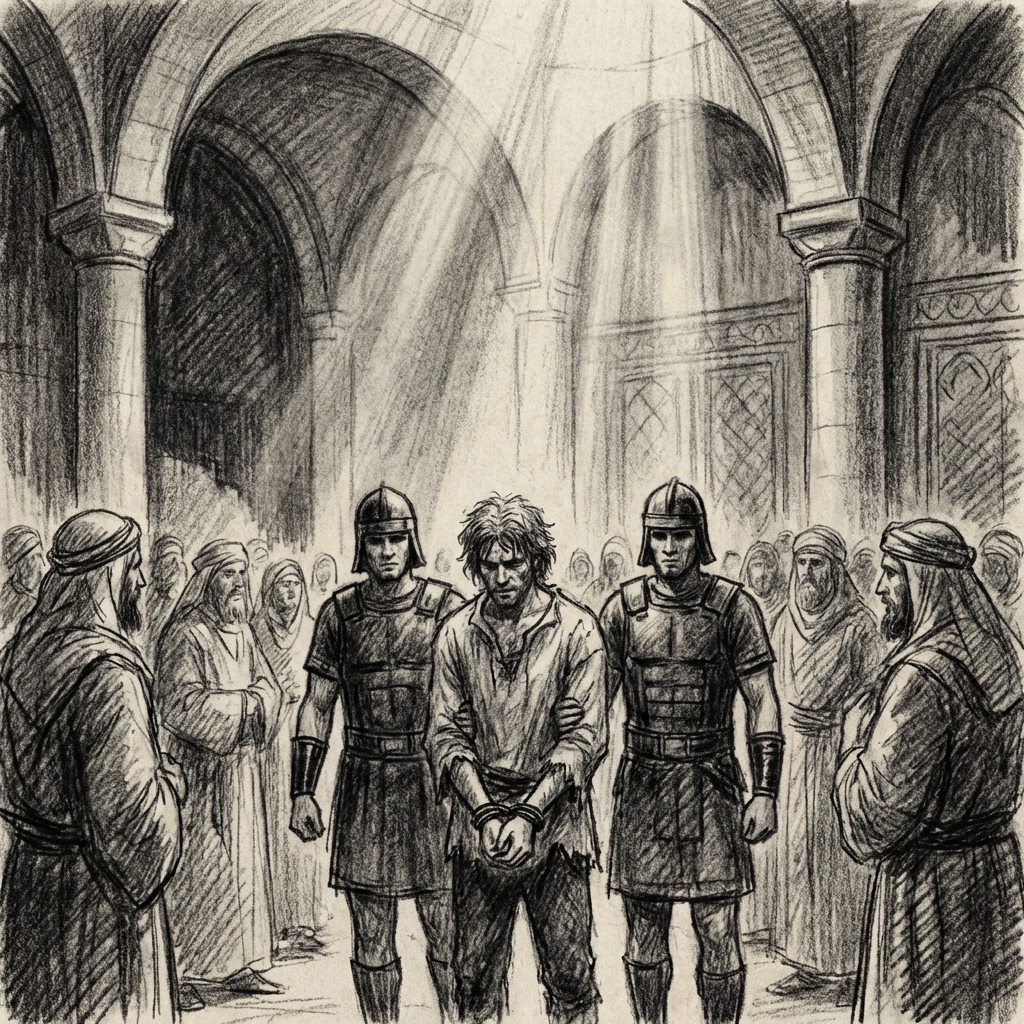 A gaunt, shackled man stands between armored guards in a grand marble hall during a tribunal.