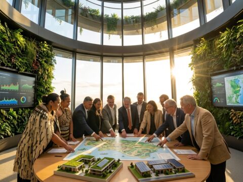 Diverse council gathered around a table in a green, modern meeting room discussing city maps.