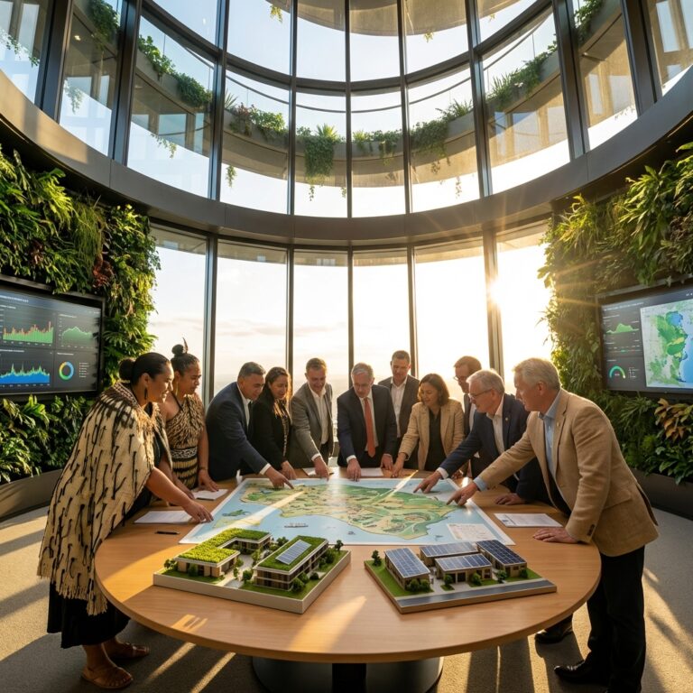 Diverse council gathered around a table in a green, modern meeting room discussing city maps.