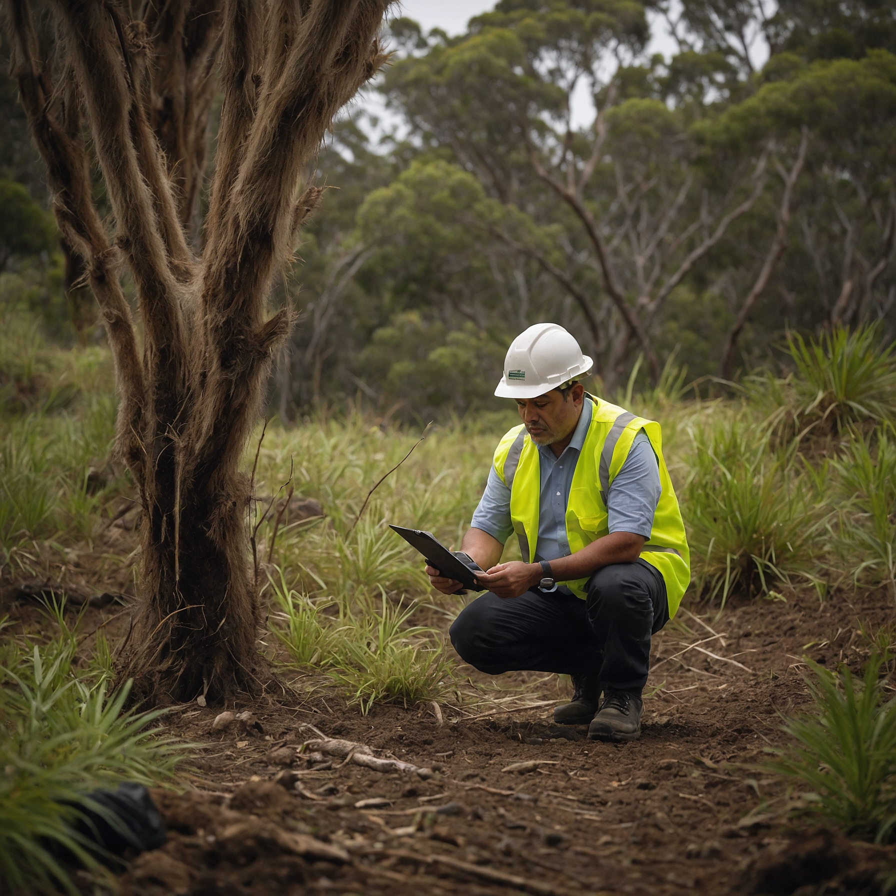 Māori environmental advisor and city engineer check ground sensor in lush wildlife corridor.