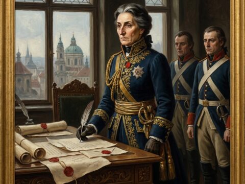 Regal woman in military coat signs a document at a grand desk with aides nearby.