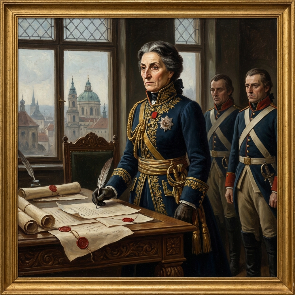 Regal woman in military coat signs a document at a grand desk with aides nearby.