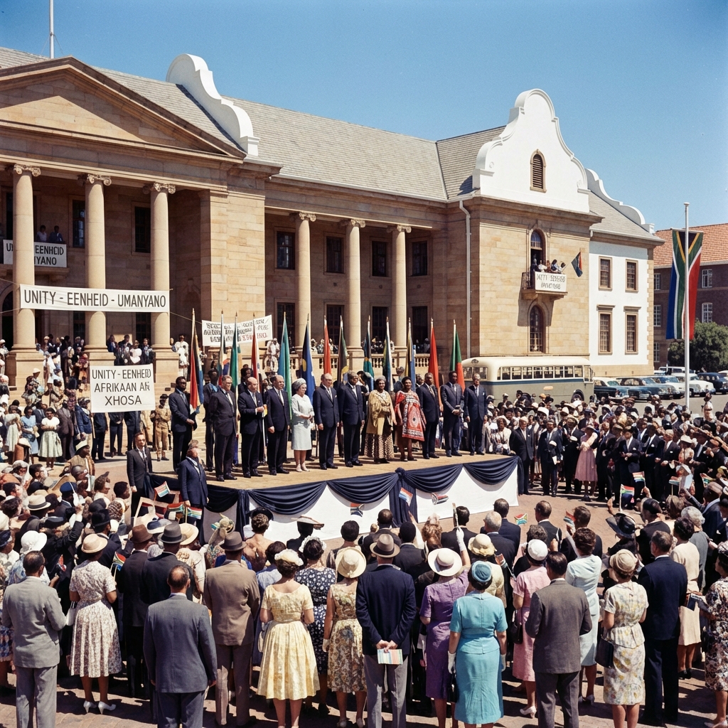 Diverse officials and a festive crowd at a government ceremony outside a Cape Town building.