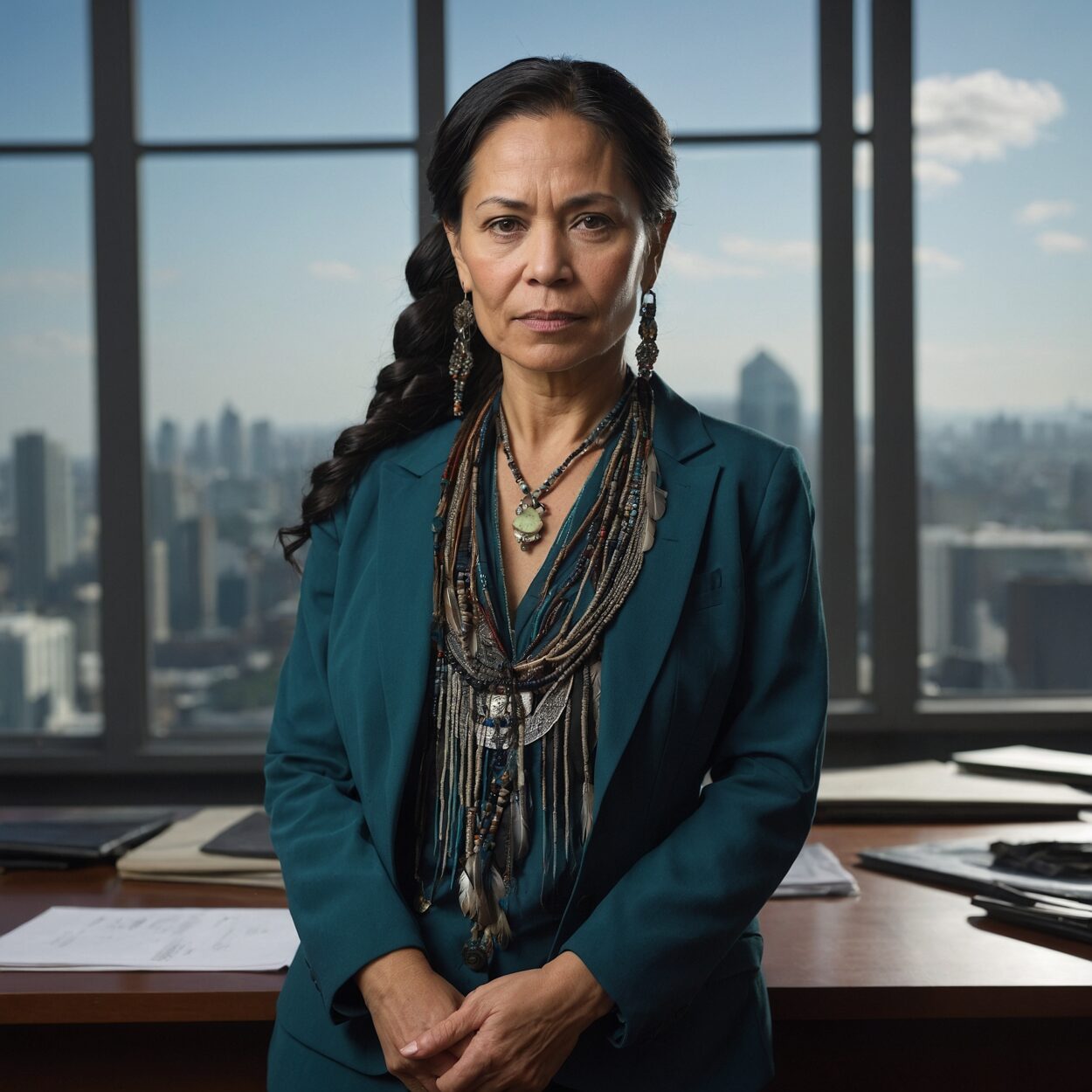 Asperia Two Feathers, an Indigenous woman with braided hair and feather accents, stands in an office.