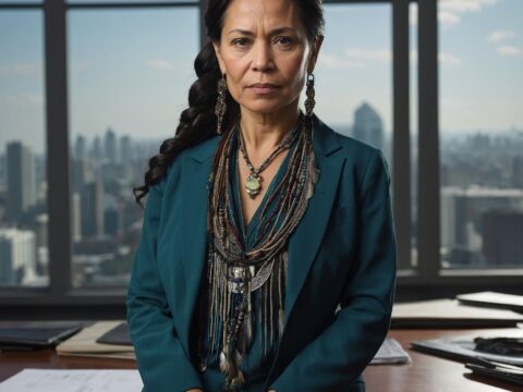 Asperia Two Feathers Asperia Two Feathers, an Indigenous woman with braided hair and feather accents, stands in an office.