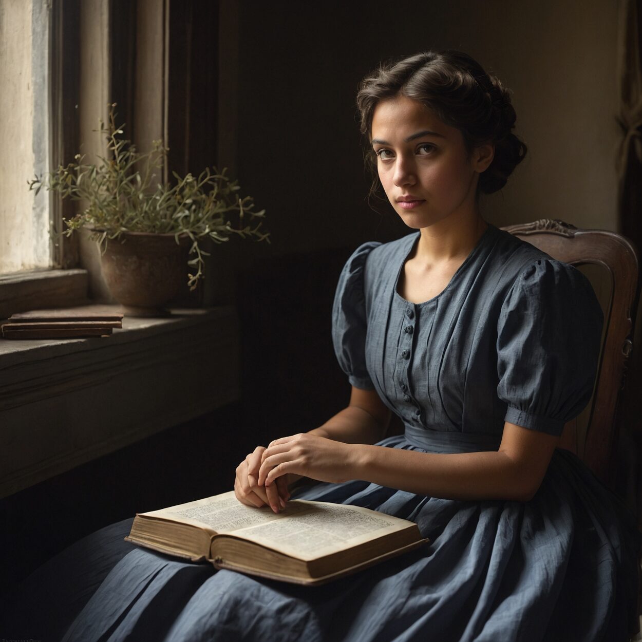 Young woman with olive skin and dark eyes sits by a window holding a book.