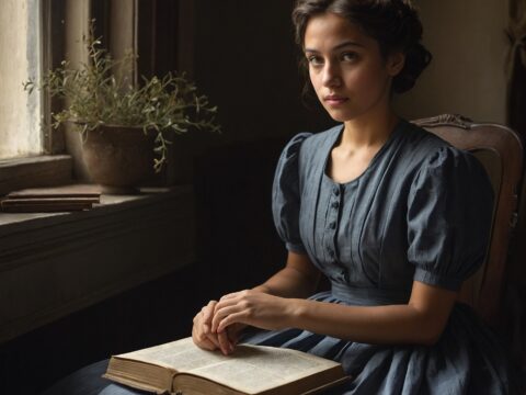 Nova Kazmarazz Young woman with olive skin and dark eyes sits by a window holding a book.
