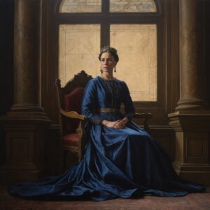 Female monarch in deep-blue gown studies a map of Australia in a grand hall.