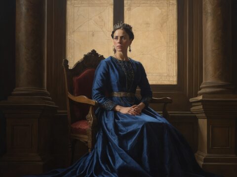 The Quiet Period Female monarch in deep-blue gown studies a map of Australia in a grand hall.
