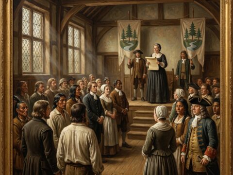 Sovereignty Day A diverse group listens as a woman reads a declaration in a wooden hall.