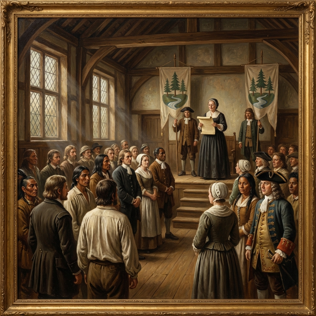 A diverse group listens as a woman reads a declaration in a wooden hall.